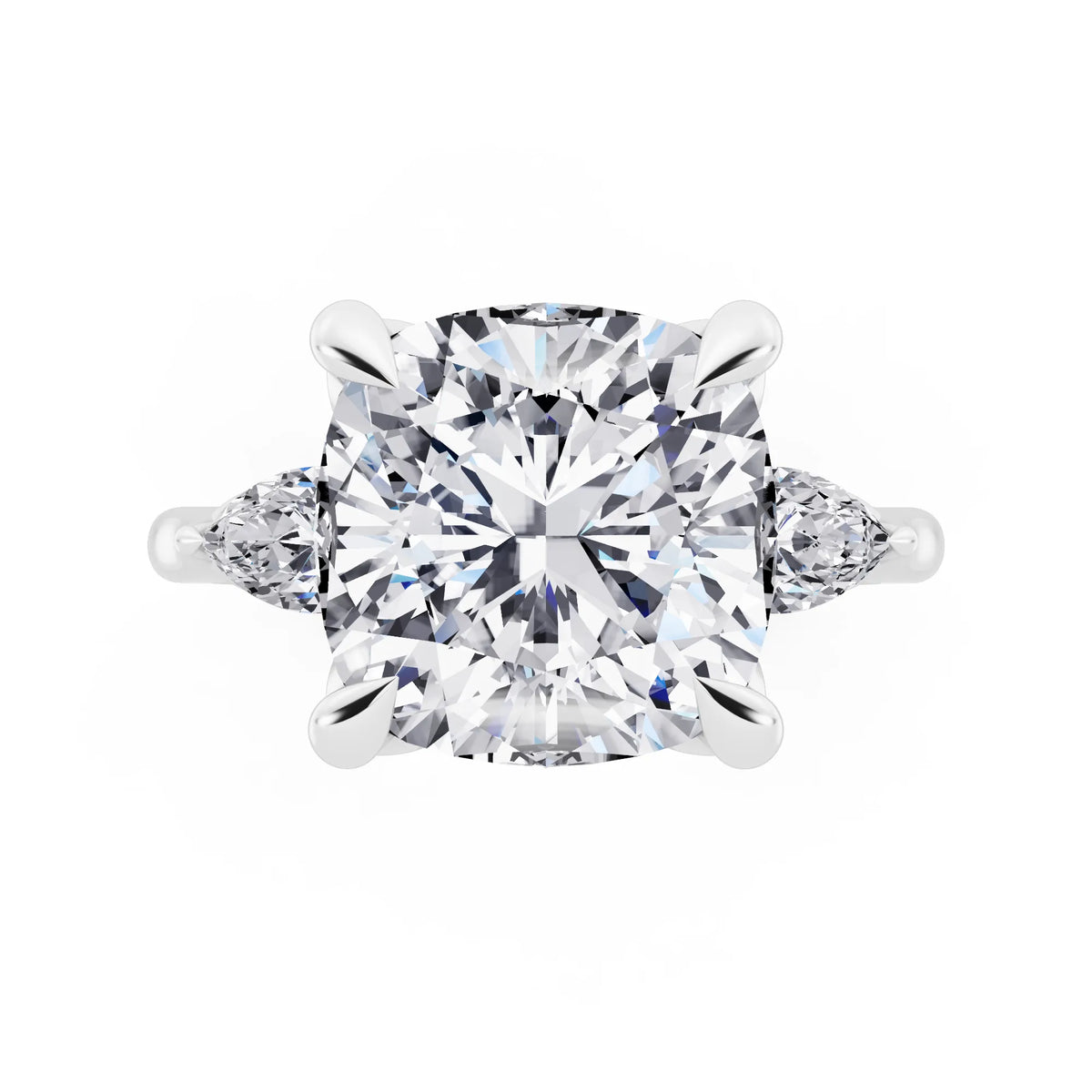 Platinum Cushion Cut Diamond Cluster Engagement Ring with Pear Accents and Pavé Band - top angle