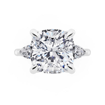Platinum Cushion Cut Diamond Cluster Engagement Ring with Pear Accents and Pavé Band - top angle