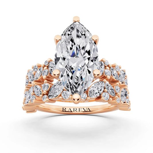 14 KT Rose Gold Marquise Cut Diamond Ring with Marquise Cluster Band - front view