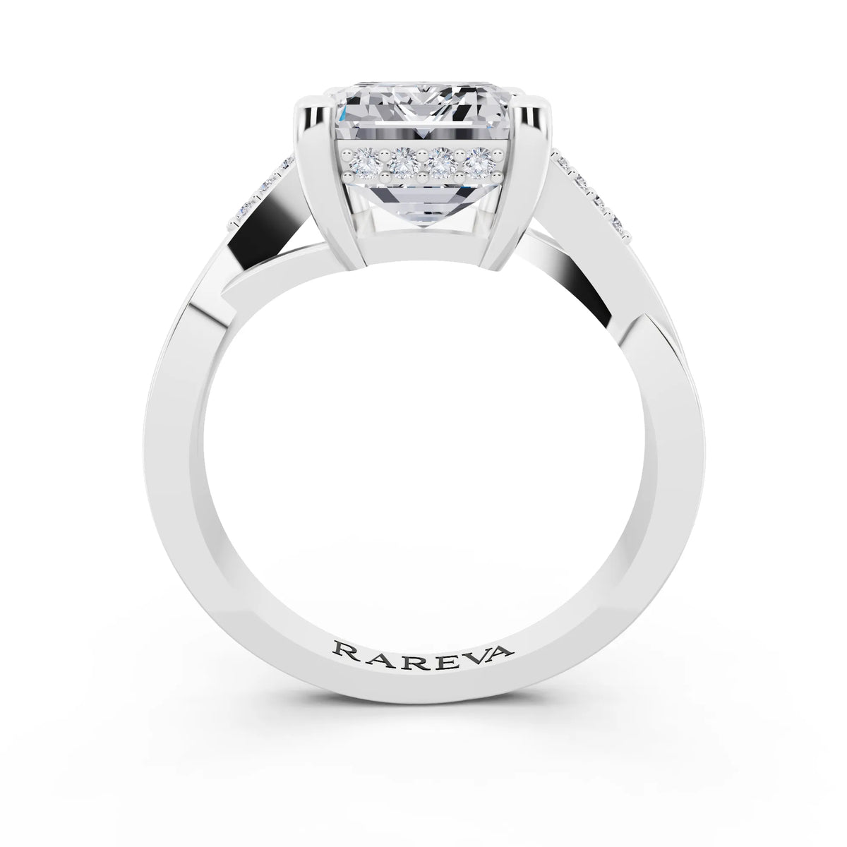 14 KT White Gold Emerald Cut Diamond Split Shank Engagement Ring with Hidden Halo - through finger