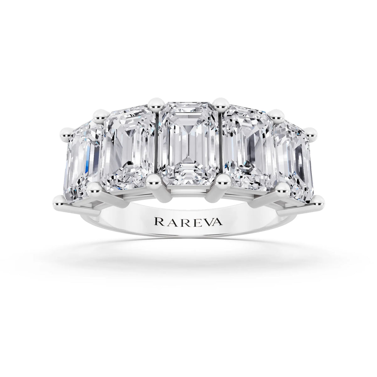 14K White Gold Five Stone Emerald Cut Diamond Half Eternity Wedding Band - 3mm - Front