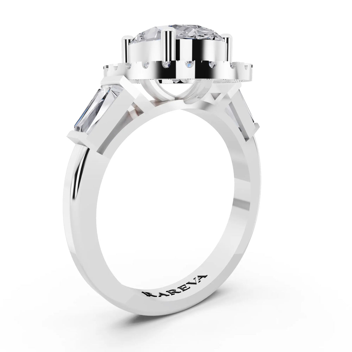 14 KT White Gold Oval Cut Diamond Halo Ring with Baguette Accents - top view
