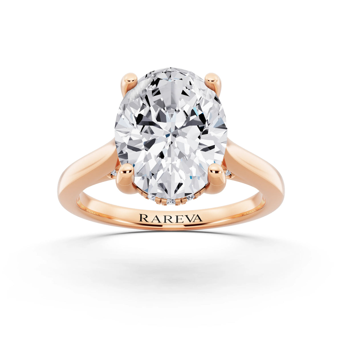 14 KT Rose Gold Oval Cut Diamond Solitaire Ring with Cathedral Band - front view