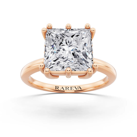18 KT Rose Gold Princess Cut Diamond Solitaire Ring with Hidden Accent Basket - front view