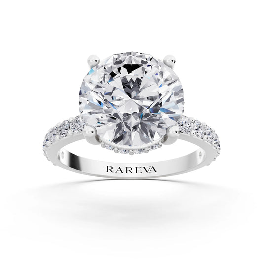 18 KT White Gold Round Cut Diamond Solitaire Ring with Hidden Halo and Pave Band - front view