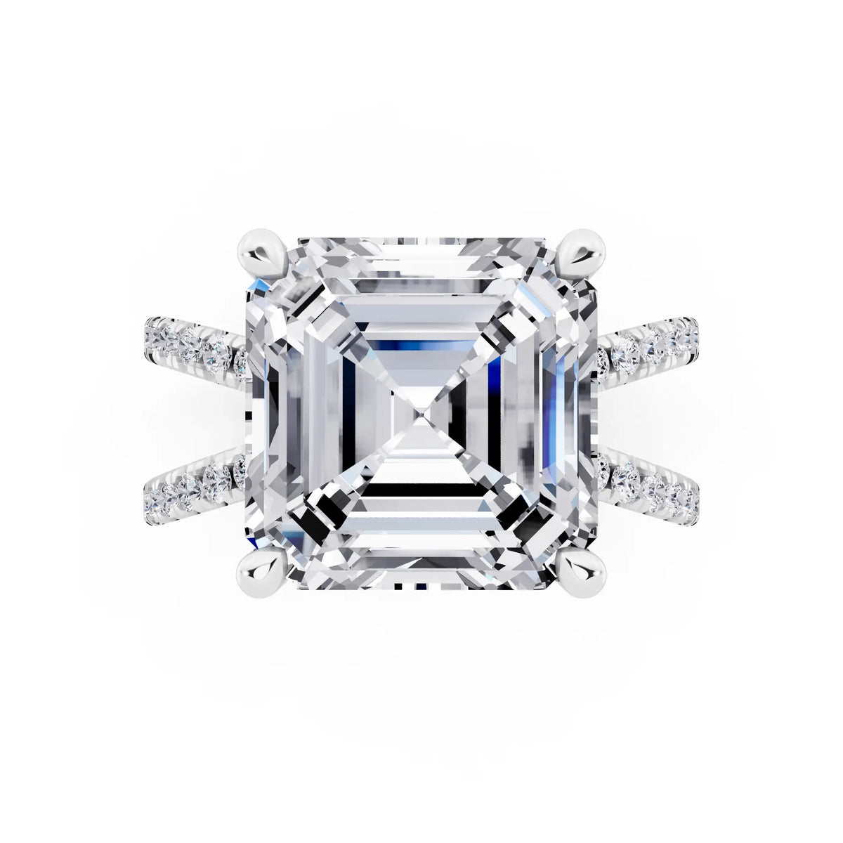 Platinum Asscher Cut Diamond Ring with Twisted Split Shank - top angle