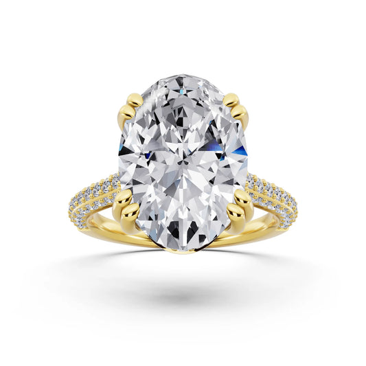 18 KT Yellow Gold Oval Cut Diamond Hidden Halo Double Claw Pave Band Ring - front view