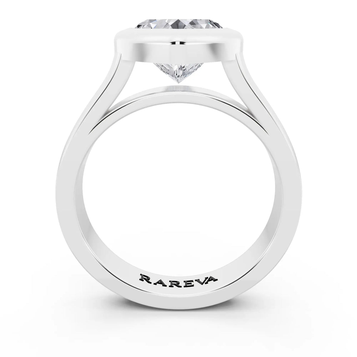 14 KT White Gold Heart Cut Diamond Bezel Set Solitaire Ring - through finger