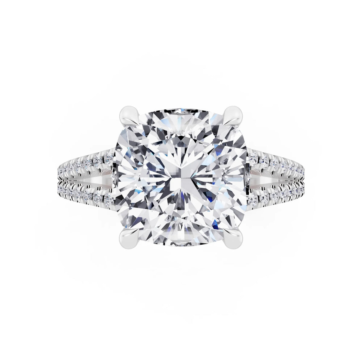 Platinum Cushion Cut Diamond Ring with Pavé Split Shank - top angle