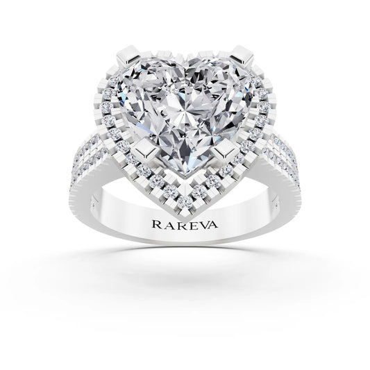 14 KT White Gold Heart Cut Diamond Halo Ring with Twin Pave Band - front view