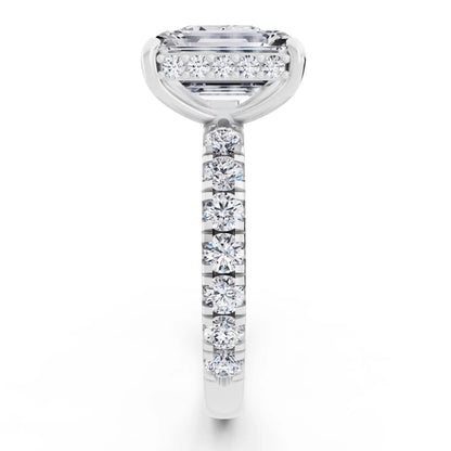 Platinum Emerald Cut Diamond Toi et Moi Ring with Pave Band - Side view