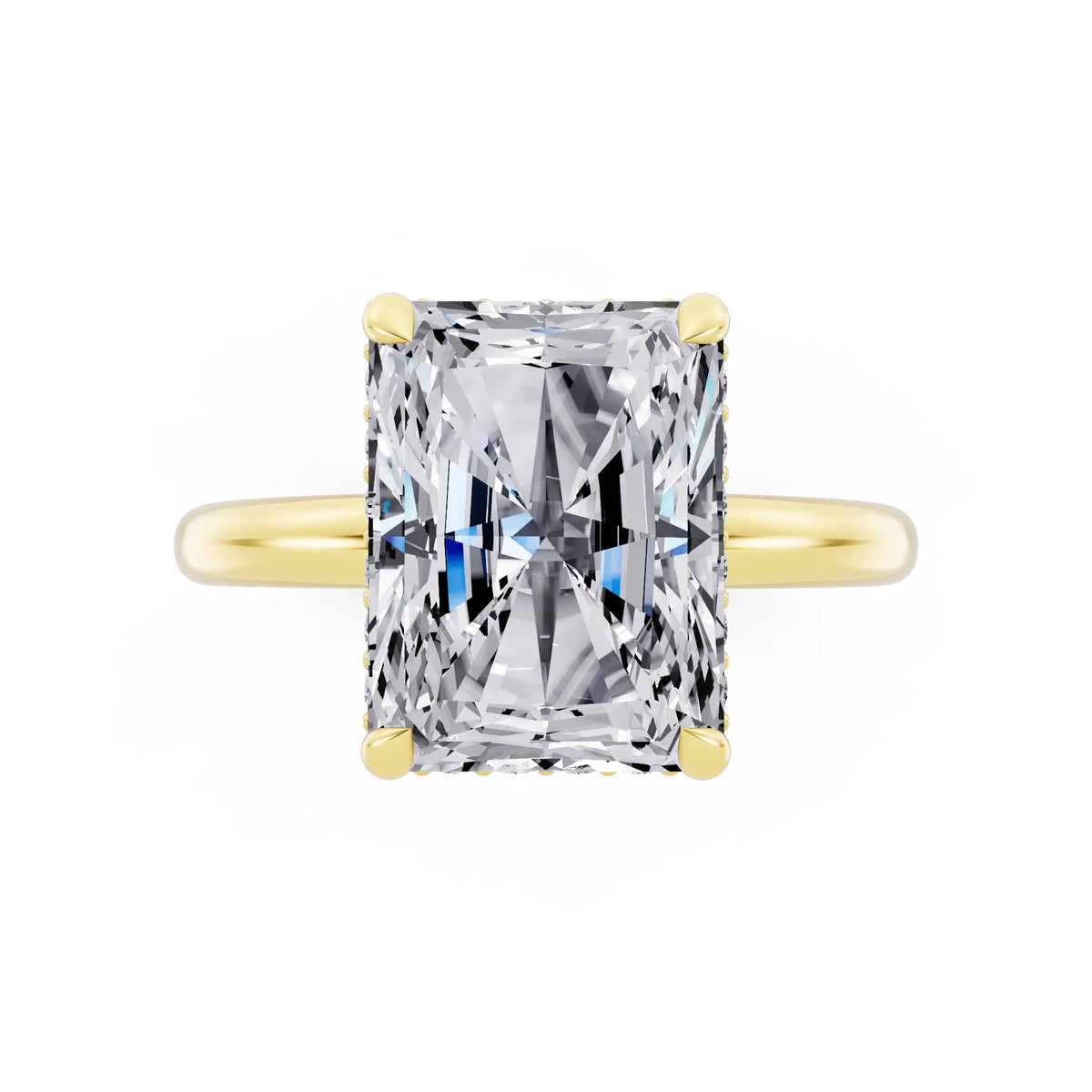 14 KT Yellow Gold Radiant Cut Diamond Hidden Halo Solitaire Ring - top angle