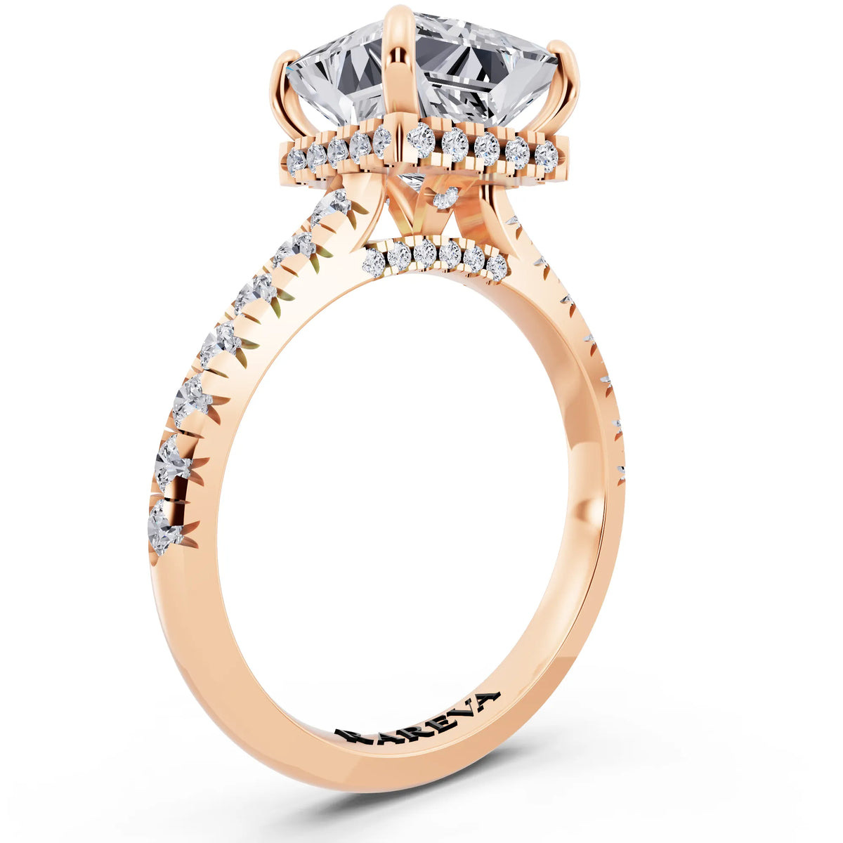18 KT Rose Gold Princess Cut Diamond Ring with Hidden Halo - top view