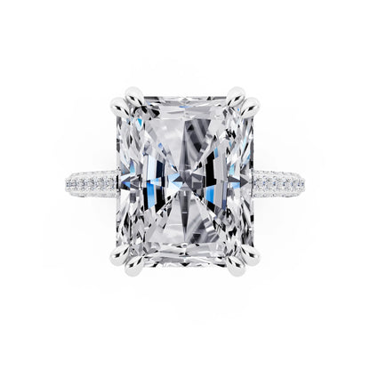 14 KT White Gold Radiant Cut Diamond Hidden Halo Double Claw Pave Band Ring - top angle