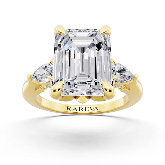 18 KT Yellow Gold Emerald Cut Diamond Cluster Engagement Ring with Pear Accents and Pavé Band - front view