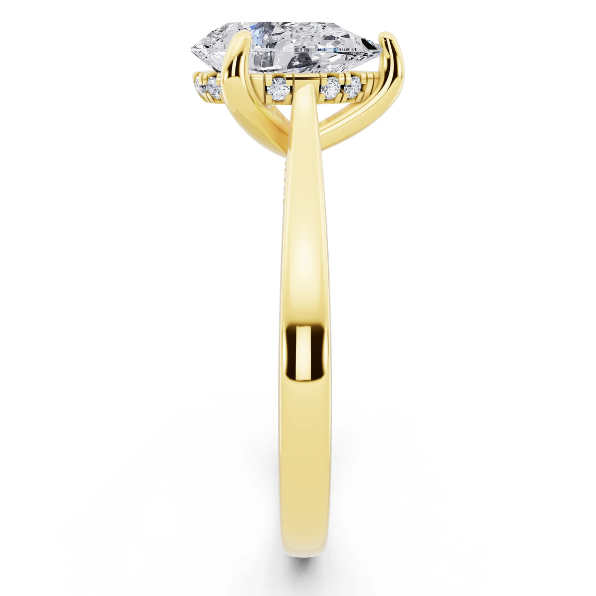 14 KT Yellow Gold Pear Cut Diamond Solitaire Ring with Cathedral Band - side view
