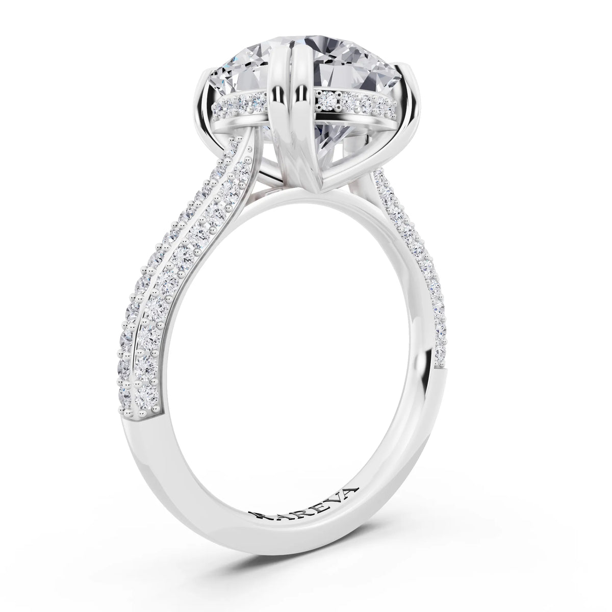 14 KT White Gold Round Cut Diamond Hidden Halo Double Claw Pave Band Ring - top view
