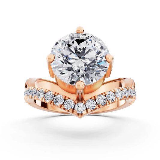 18 KT Rose Gold Round Cut Diamond Solitaire Ring with Pave V Band - Front