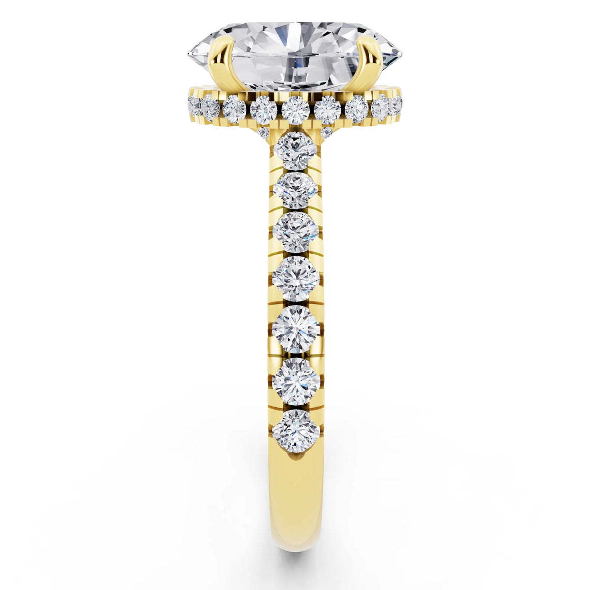 14 KT Yellow Gold Oval Cut Diamond Ring with Hidden Halo - side view