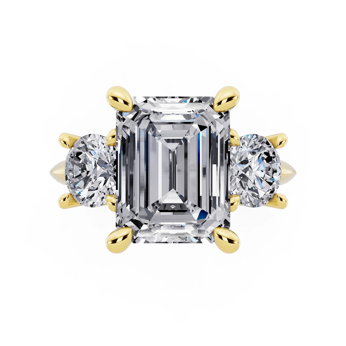 18 KT Yellow Gold Emerald Cut Diamond Three Stone Ring with Round Accents - top angle