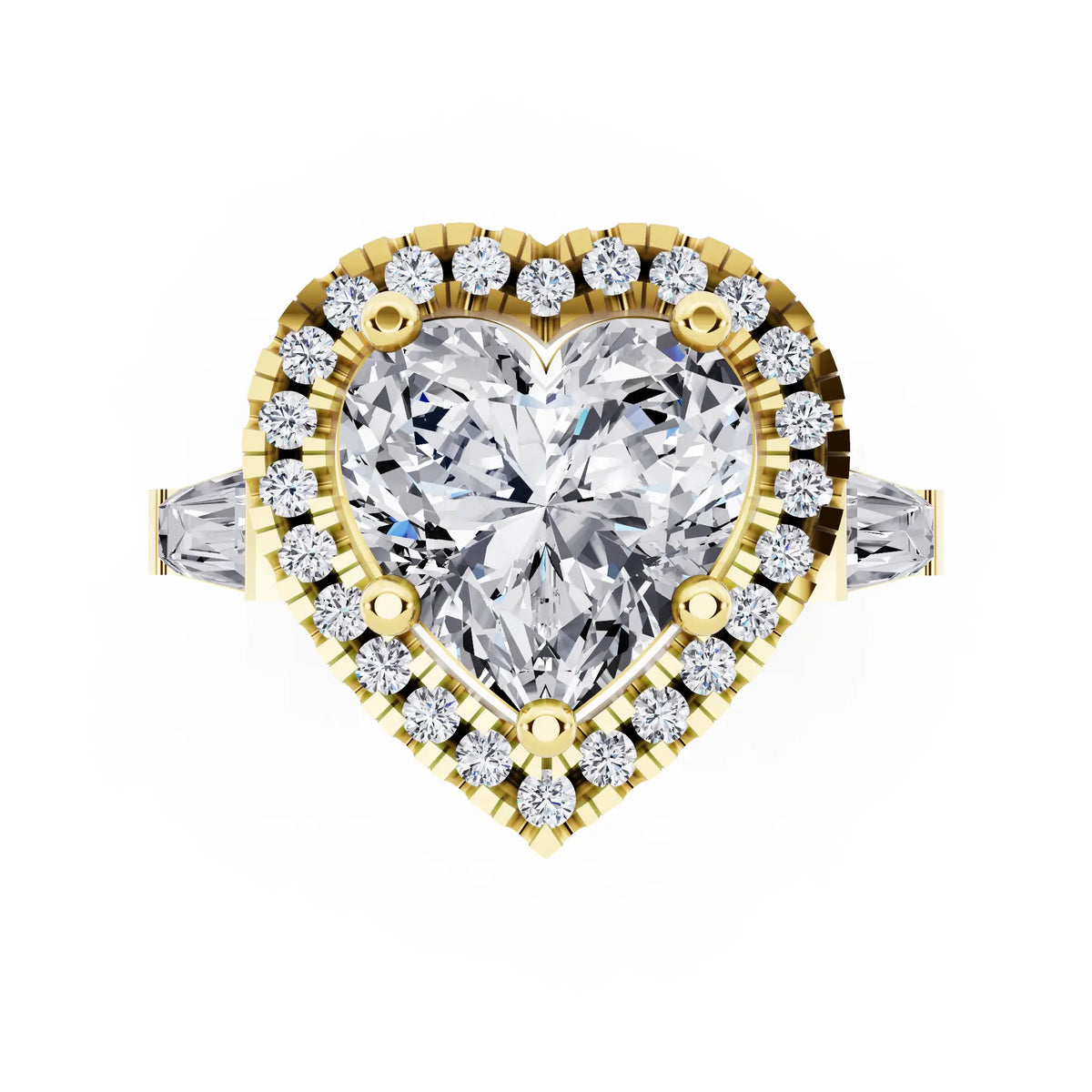 18 KT Yellow Gold Heart Cut Diamond Halo Ring with Baguette Accents - top angle