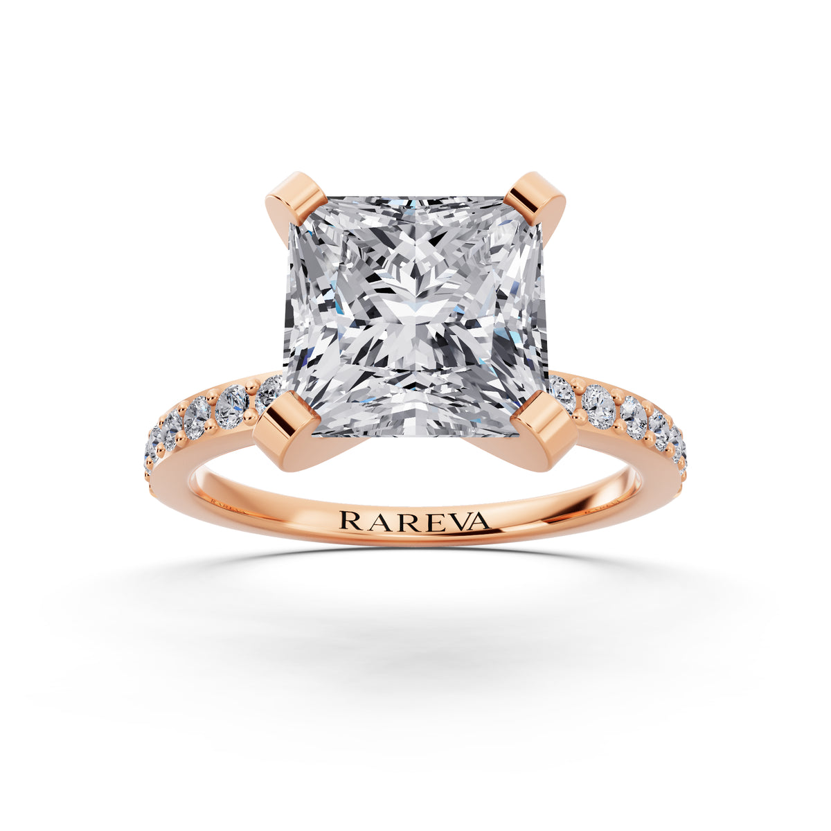 18 KT Rose Gold Princess Cut Diamond Solitaire Ring with Pave Shank - front view