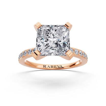 18 KT Rose Gold Princess Cut Diamond Solitaire Ring with Pave Shank - front view