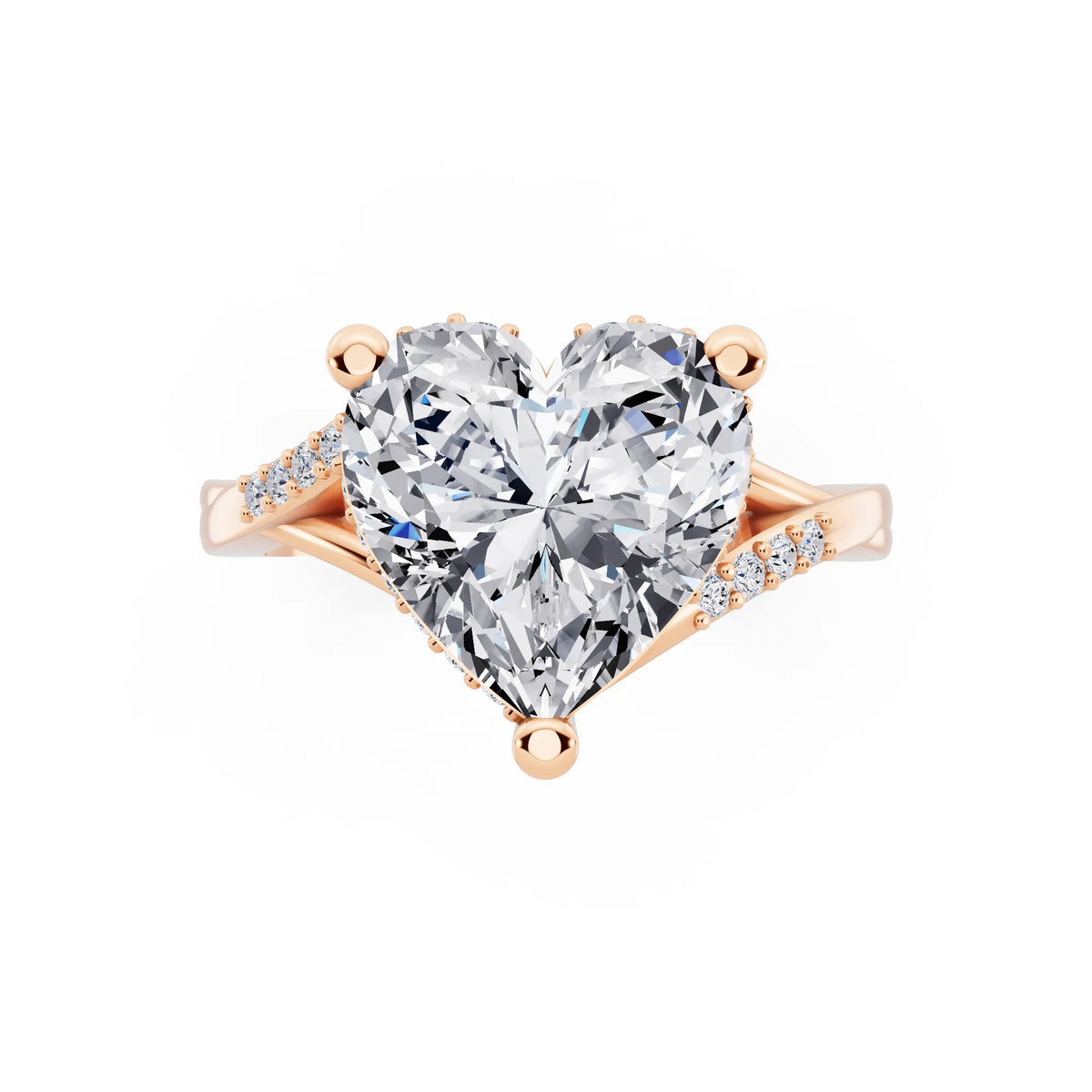 18 KT Rose Gold Heart Cut Diamond Split Shank Engagement Ring with Hidden Halo - top angle