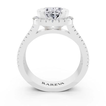 14 KT White Gold Oval Cut Diamond Halo Ring with Twin Pave Band - through finger