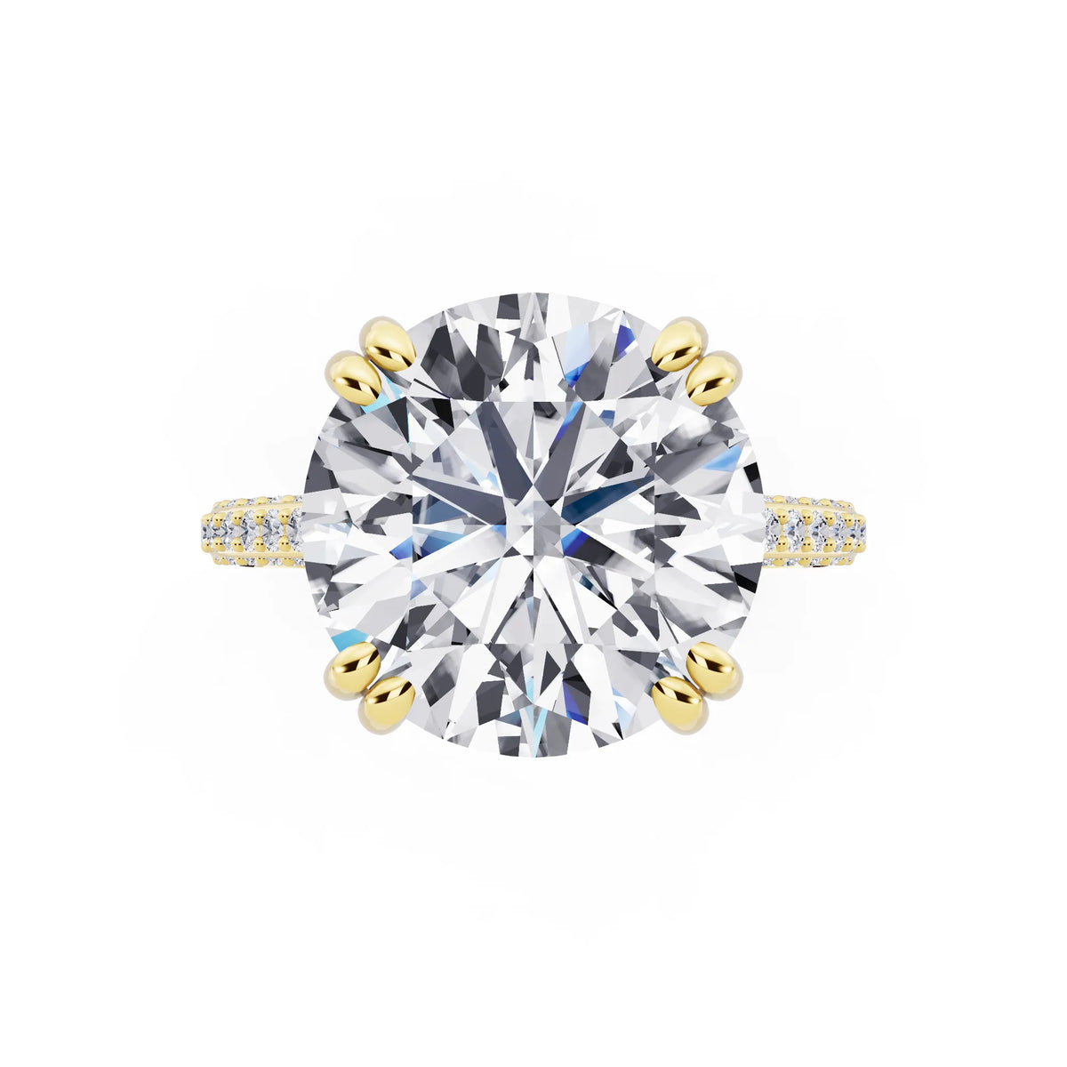 18 KT Yellow Gold Round Cut Diamond Hidden Halo Double Claw Pave Band Ring - top angle