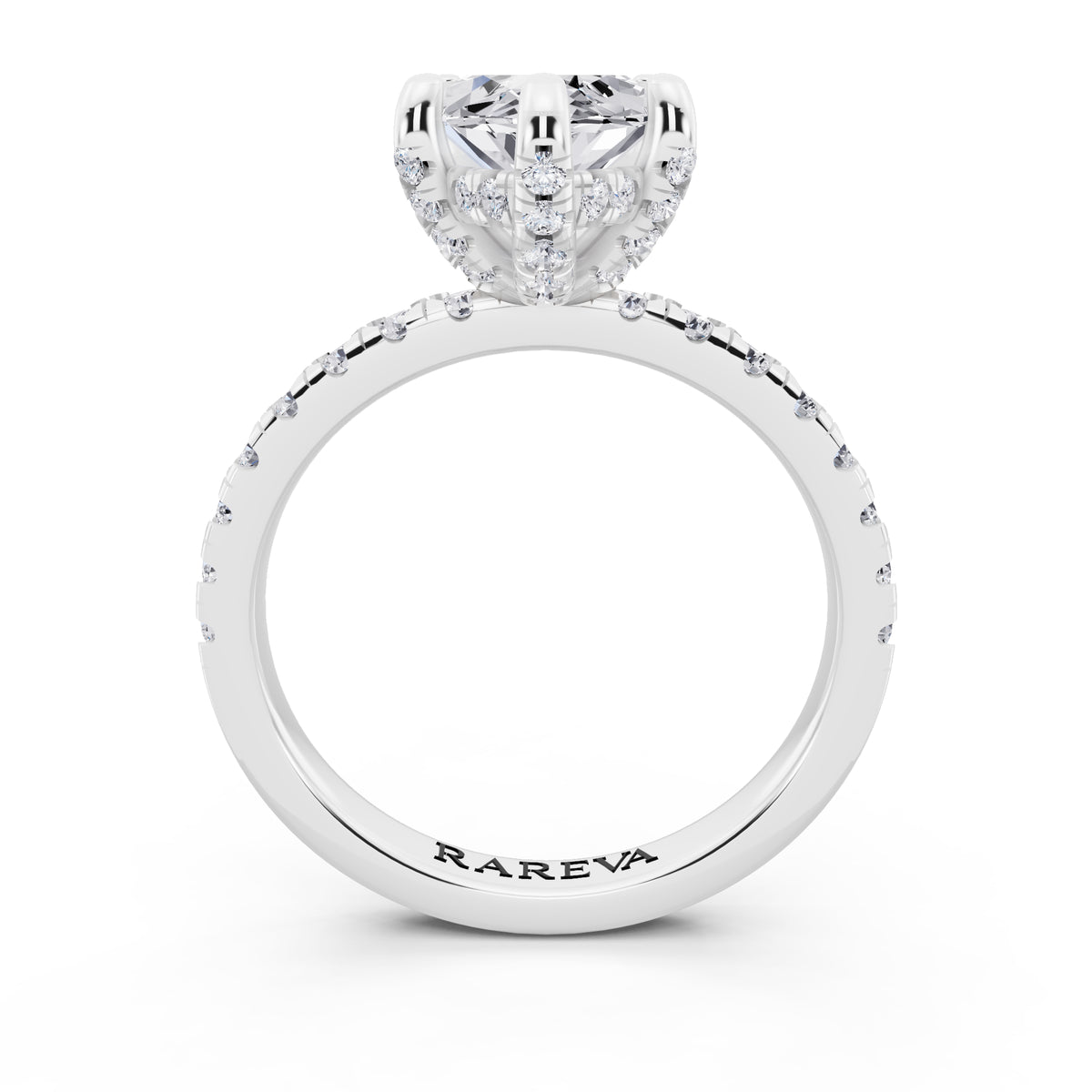 18 KT White Gold Marquise Cut Diamond Hidden Halo Ring with Pave Shank - through finger