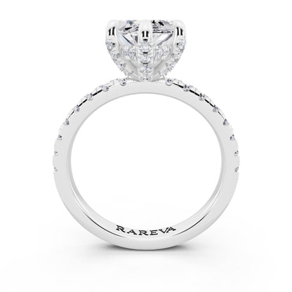 18 KT White Gold Marquise Cut Diamond Hidden Halo Ring with Pave Shank - through finger