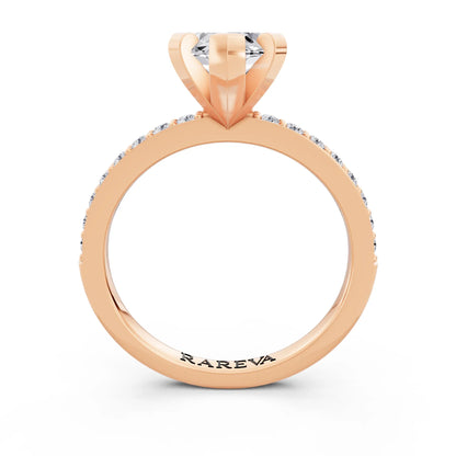 18 KT Rose Gold Marquise Cut Diamond Solitaire Ring with Pave Shank - through finger