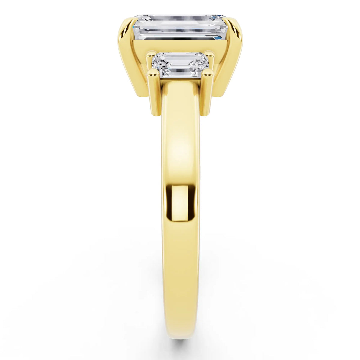 14 KT Yellow Gold Emerald Cut Diamond Three Stone Emerald Accent Ring - side view