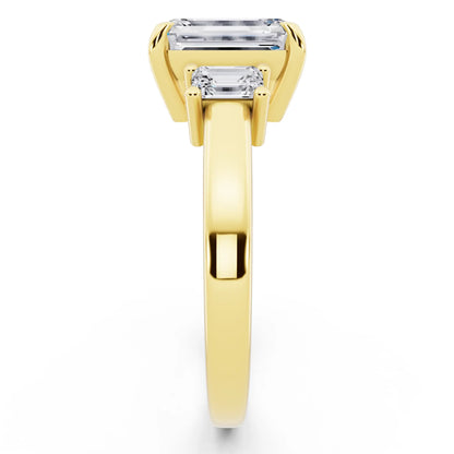 14 KT Yellow Gold Emerald Cut Diamond Three Stone Emerald Accent Ring - side view