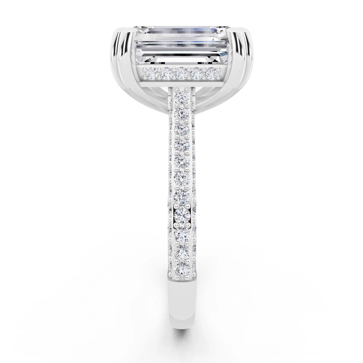 14 KT White Gold Emerald Cut Diamond Hidden Halo Double Claw Pave Band Ring - side view