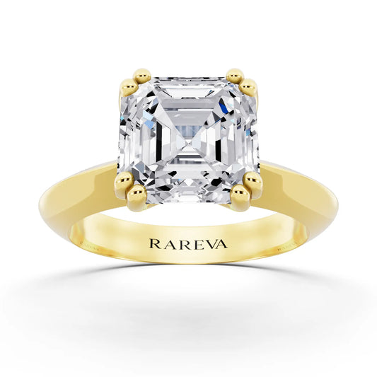 14 KT Yellow Gold Asscher Cut Diamond Solitaire Ring with Knife Edge Band - front view