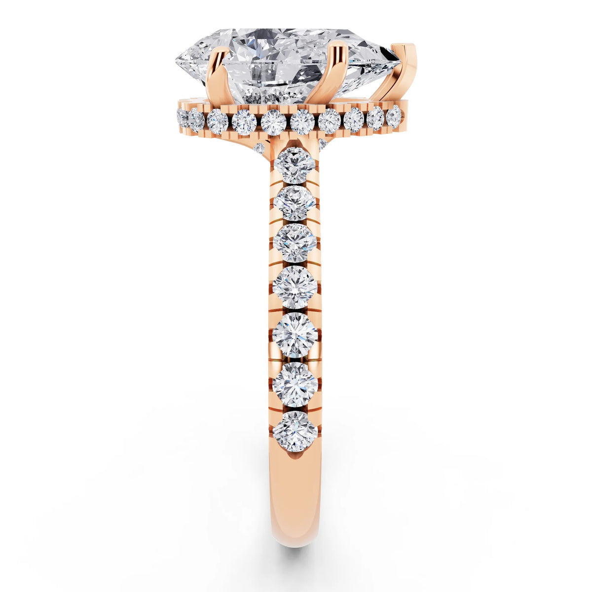 18 KT Rose Gold Pear Cut Diamond Ring with Hidden Halo - side view
