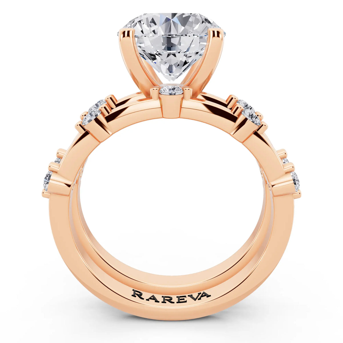 18 KT Rose Gold Round Cut Diamond Ring with Floating Accent Band - through finger