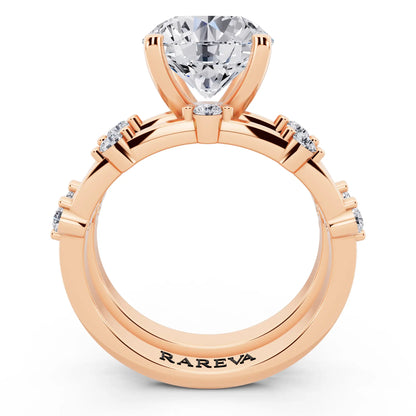 18 KT Rose Gold Round Cut Diamond Ring with Floating Accent Band - through finger