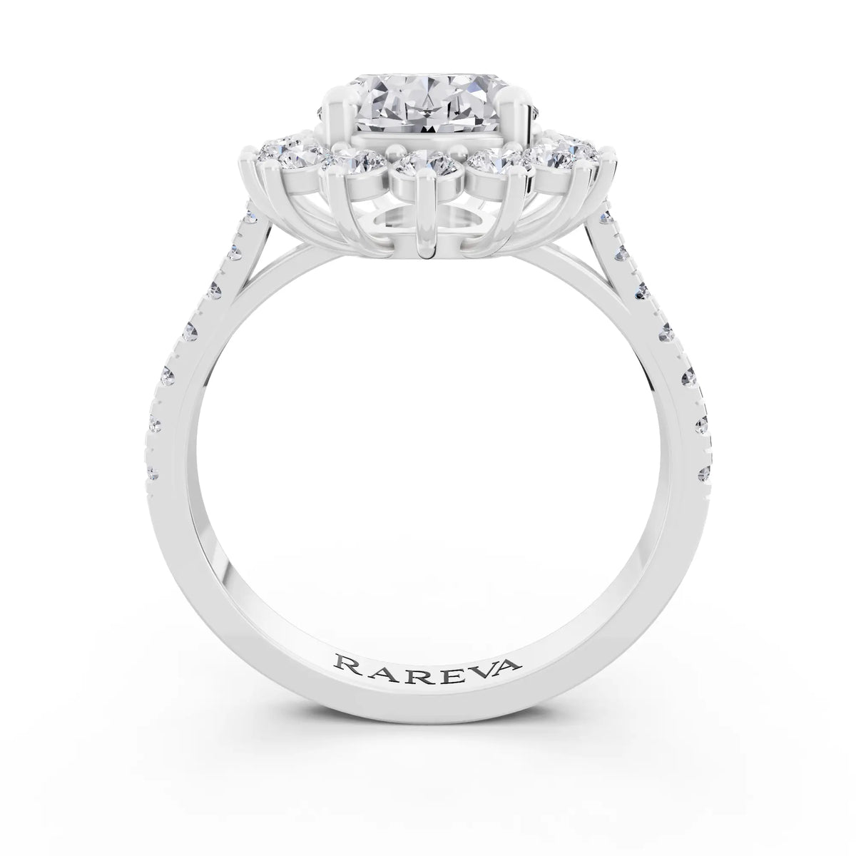 14 KT White Gold Oval Cut Diamond Floral Halo Ring with Pave Band - Through