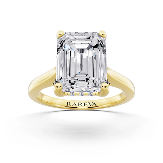 14 KT Yellow Gold Emerald Cut Diamond Solitaire Ring with Cathedral Band - front view