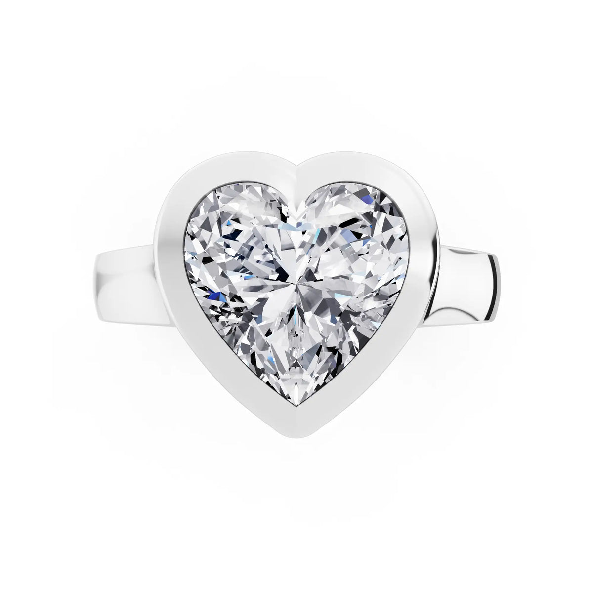 14 KT White Gold Heart Cut Diamond Bezel Set Solitaire Ring - top angle