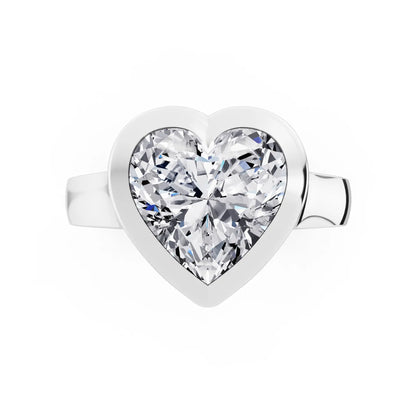 14 KT White Gold Heart Cut Diamond Bezel Set Solitaire Ring - top angle