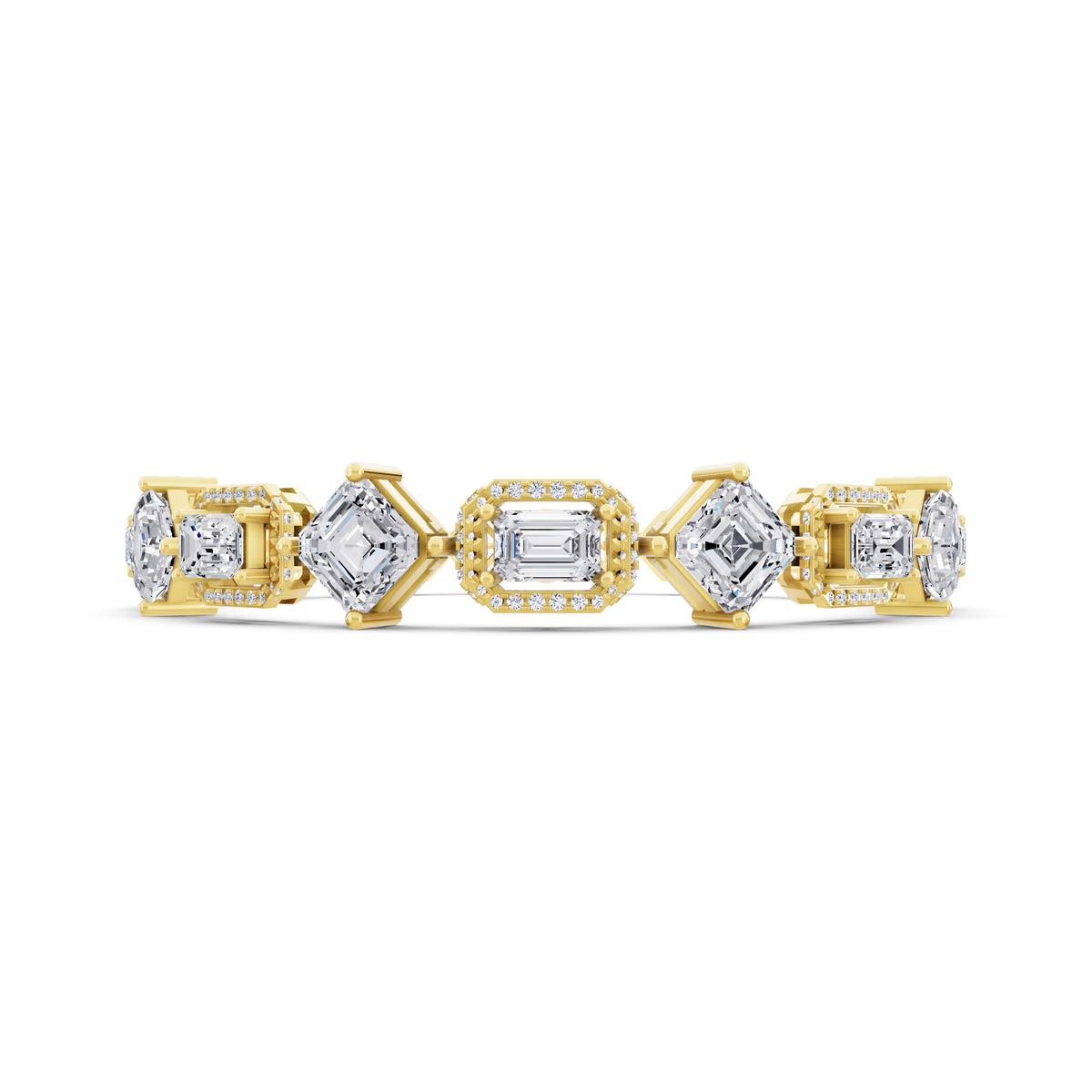 10K Yellow Gold Square Emerald and Emerald Cut Halo Diamond Tennis Bracelet - Front