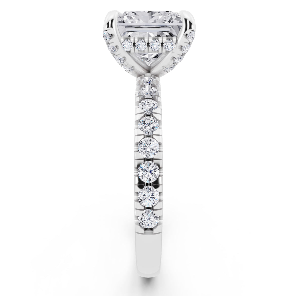 14 KT White Gold Princess Cut Diamond Hidden Halo Ring with Pave Shank - side view