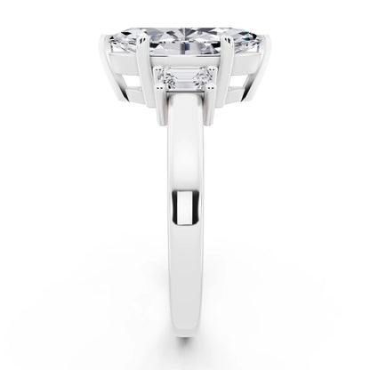 Platinum Marquise Cut Diamond Three Stone Emerald Accent Ring - side view
