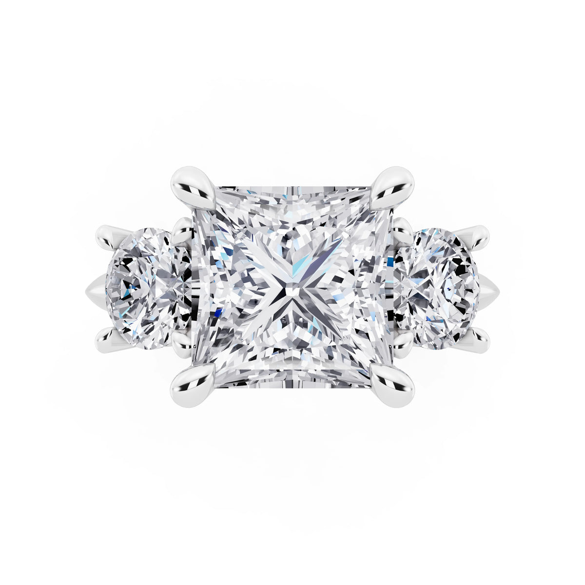 14 KT White Gold Princess Cut Diamond Three Stone Ring with Round Accents - top angle
