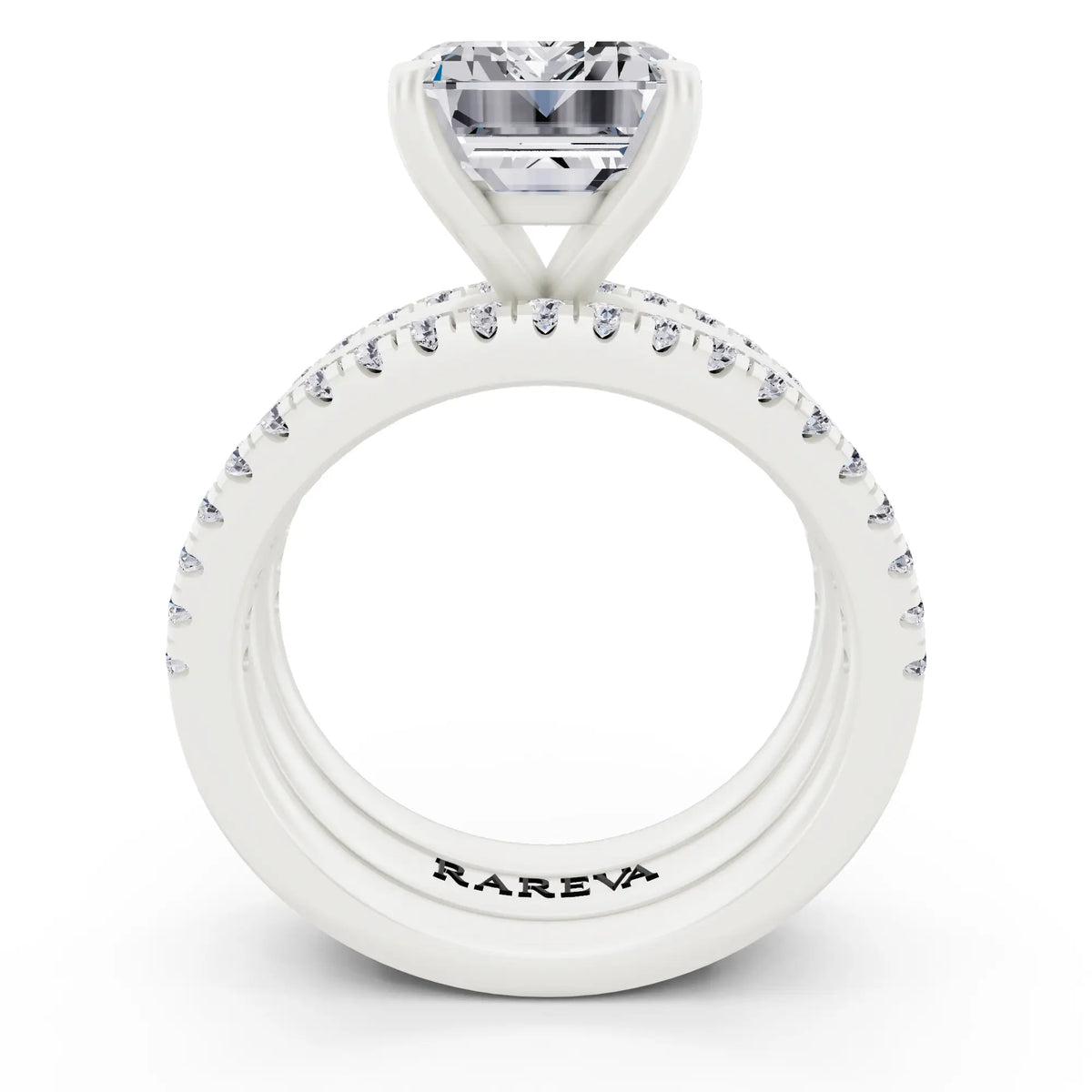 Platinum Emerald Cut Diamond Solitaire Twin Pave Band Stack Ring - through finger