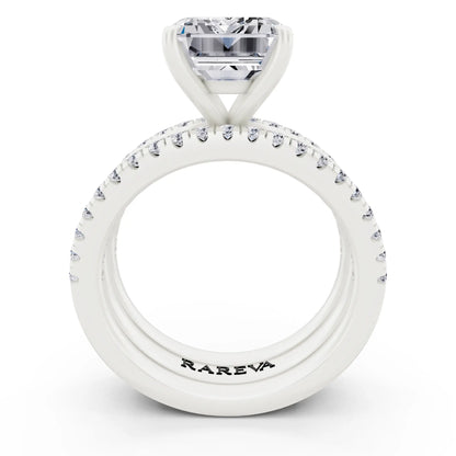Platinum Emerald Cut Diamond Solitaire Twin Pave Band Stack Ring - through finger